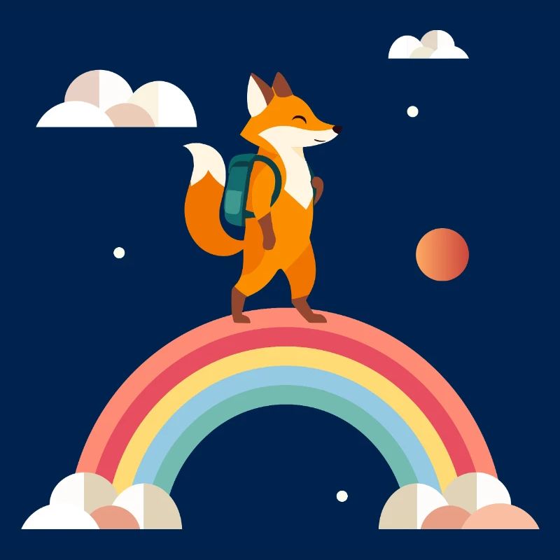 Cheerful fox with backpack on rainbow
