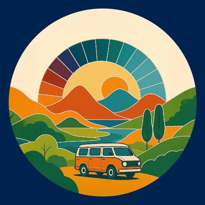 Retro Landschaft mit Van – Reise im Sonnenbogen