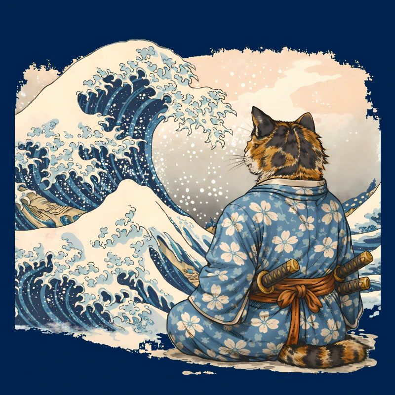 Style japonais ukiyo-e de la vague de chat samouraï