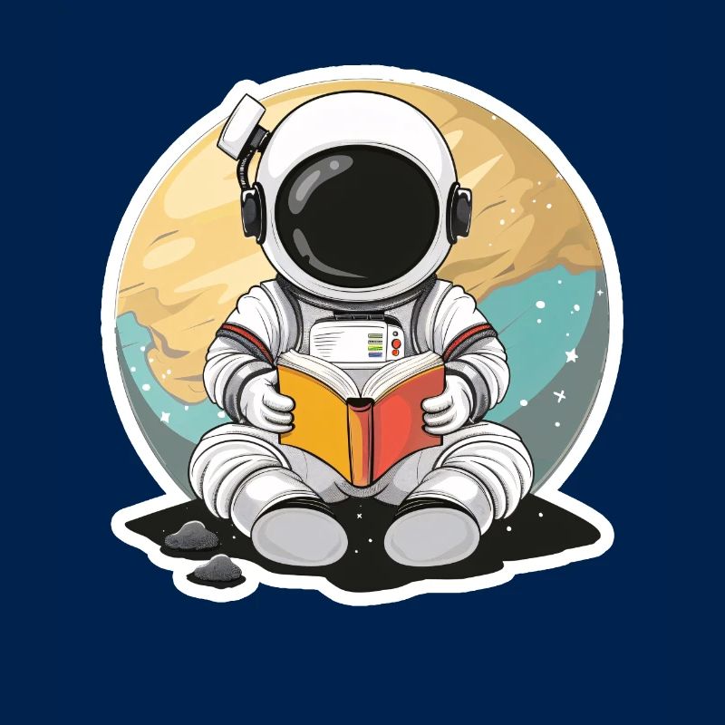 Astronaute dans l’espace devant une planète lisant un livre