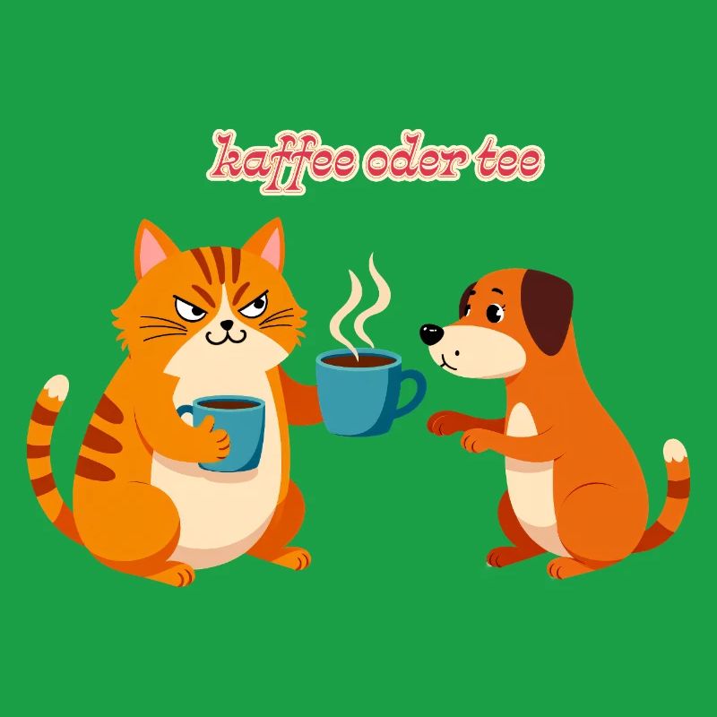 Kaffee oder Tee? Lustige Katze und Hund Bürohumor
