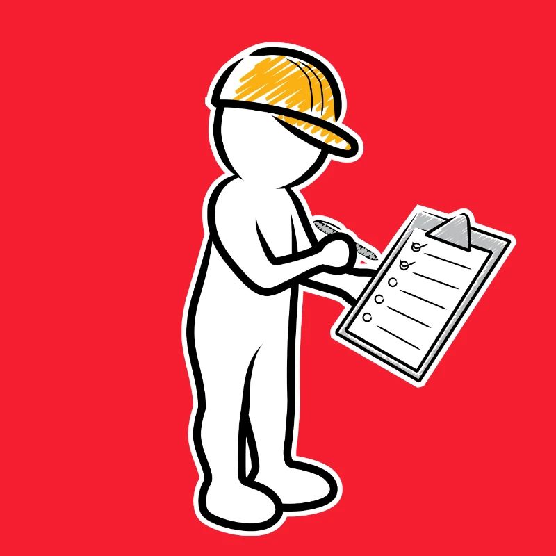 Männchen mit Helm und Checkliste auf Baustelle