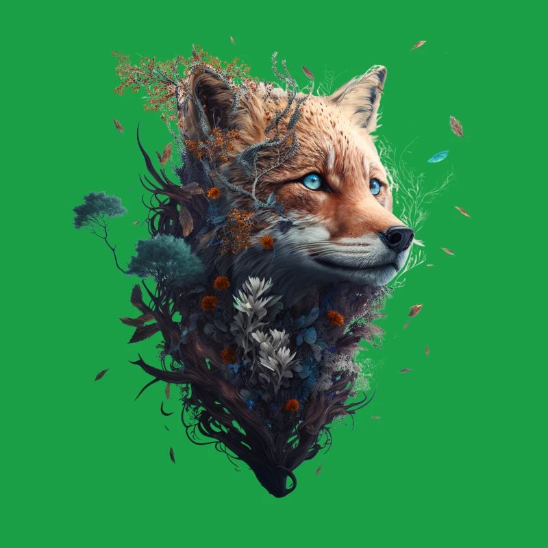 Abstract fox's head protruding from a forest