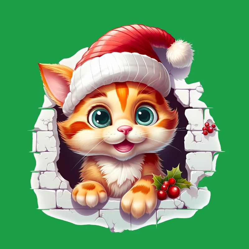 Katze mit Weihnachtsmütze im Mauerloch