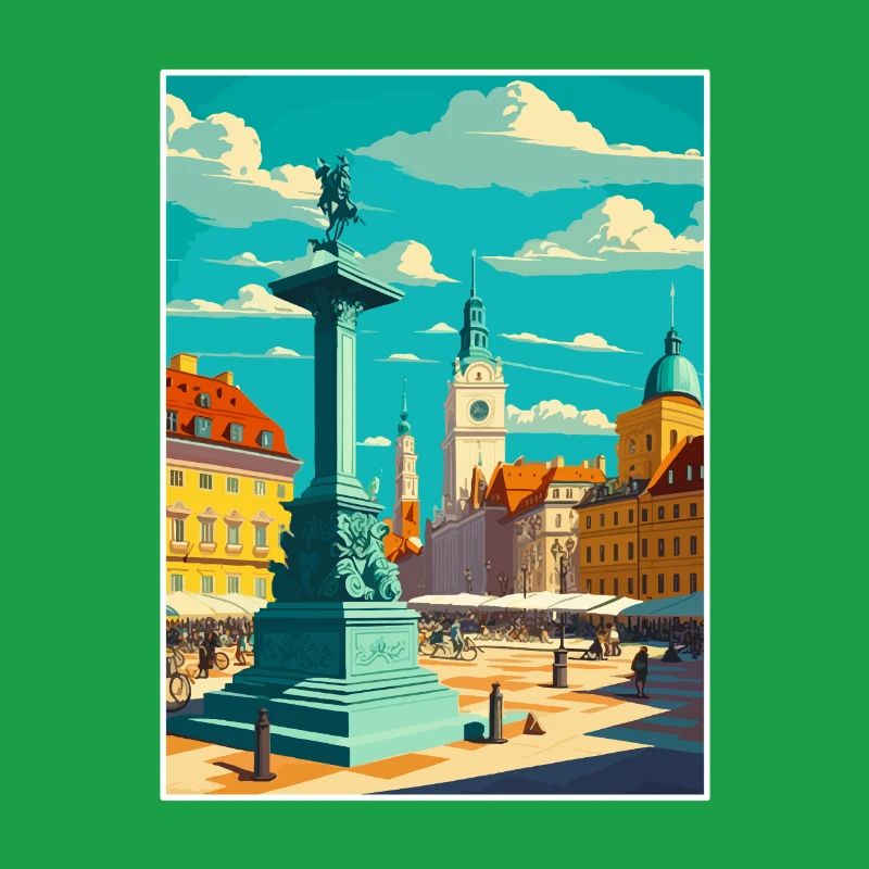 Affiche de voyage rétro dans le paysage urbain de Varsovie, Pologne
