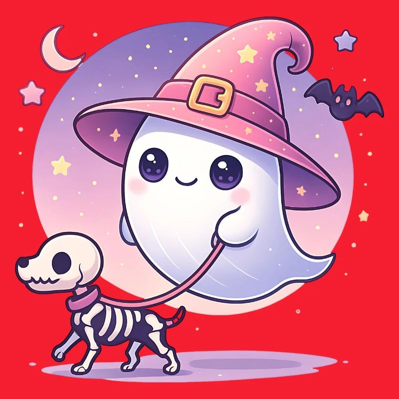 Pink Witch Ghost with Skeleton Dog – Halloween
