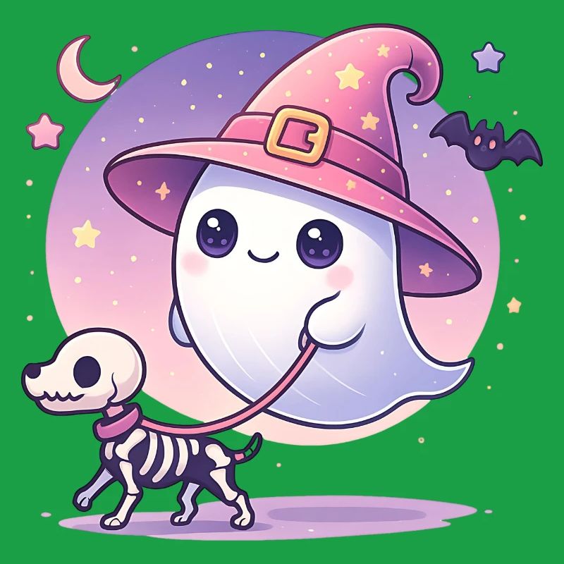 Pink Witch Ghost with Skeleton Dog – Halloween