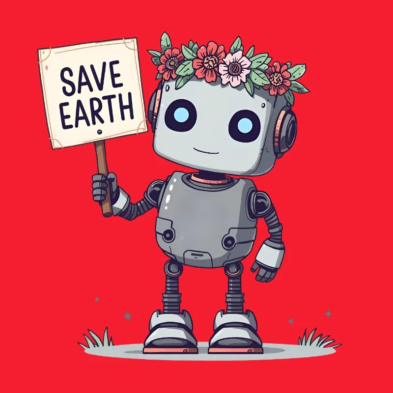 Robot mignon avec couronne de fleurs – Save Earth