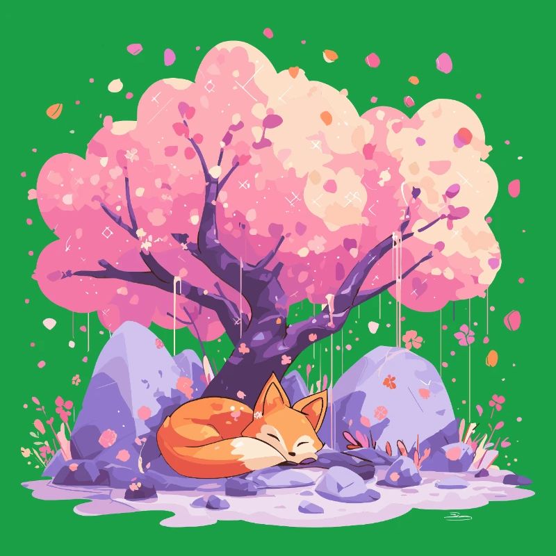 Sleeping fox under cherry tree