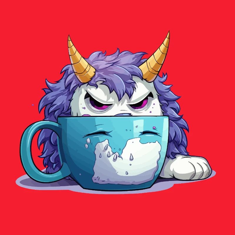 Grumpy monster in a coffee mug