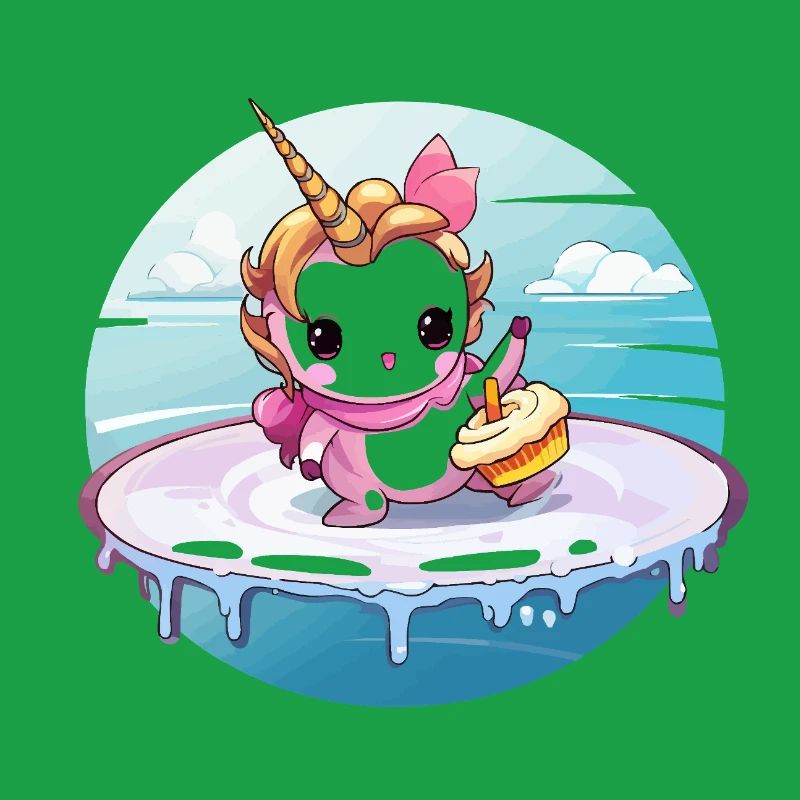Unicorn on a surfboard with cupcake
