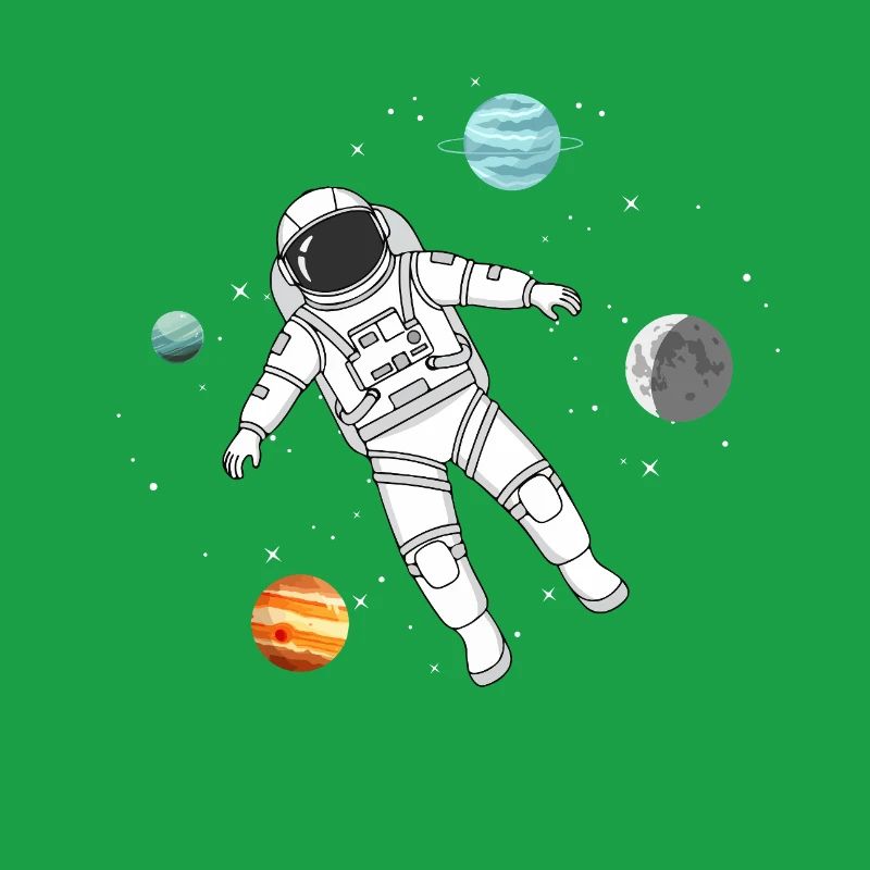 Astronaut floats in space with planets