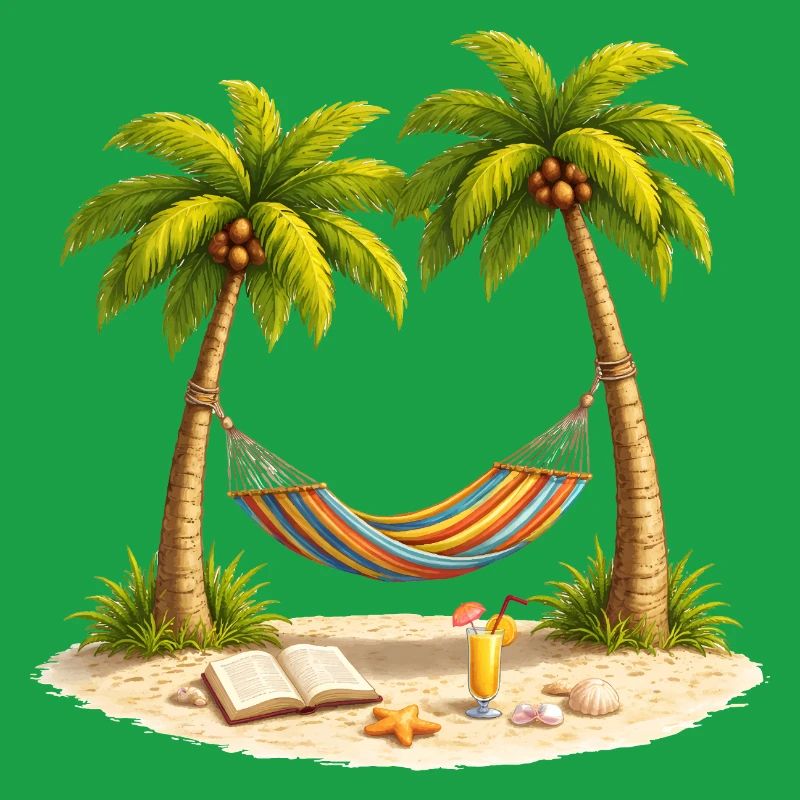 Hammock between palm trees on the beach