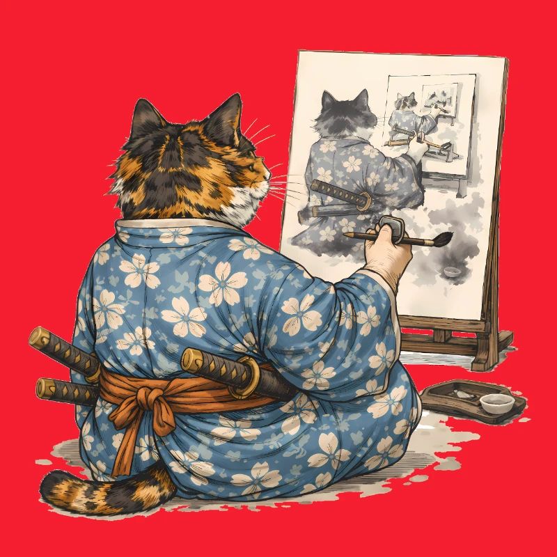 Samurai-Katzen-Malerei Sumi-e Ukiyo-e Kunst