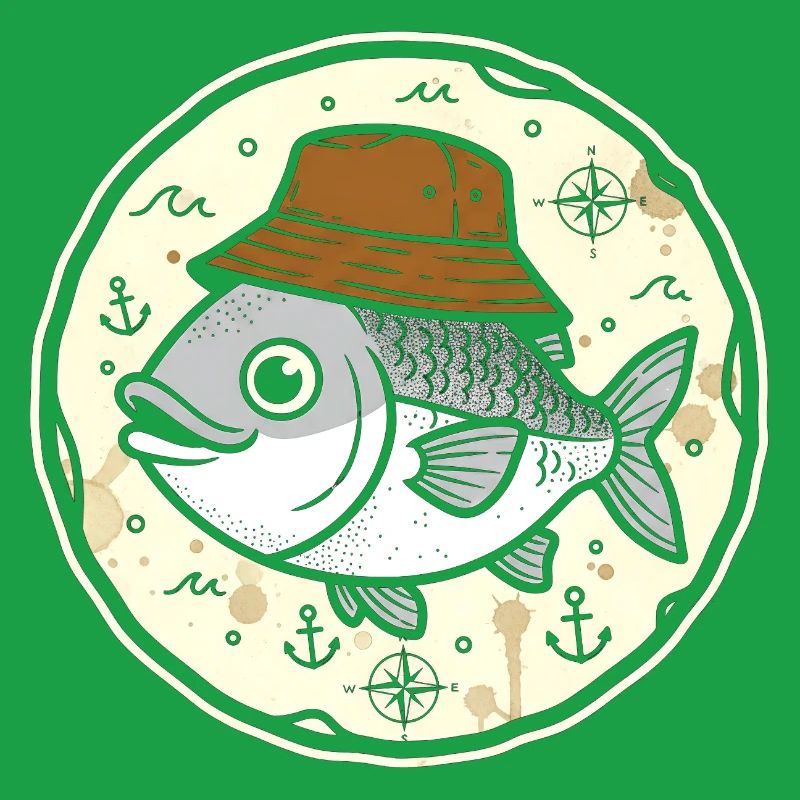 Fish with hat in nautical round logo