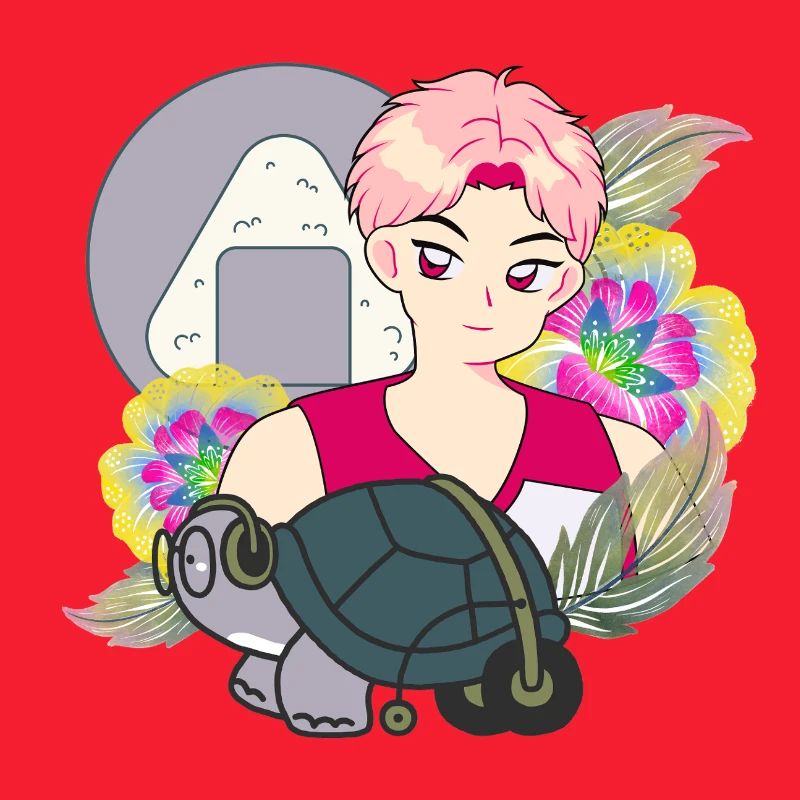 Anime-Junge und Schildkröte mit Walker-Kunst