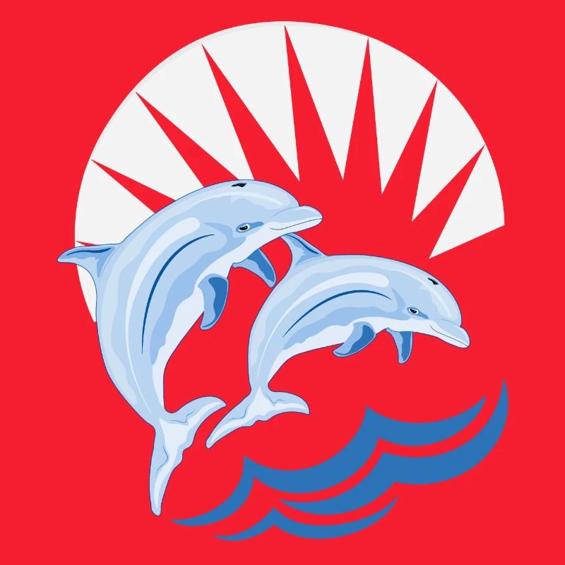 Dolphins above waves