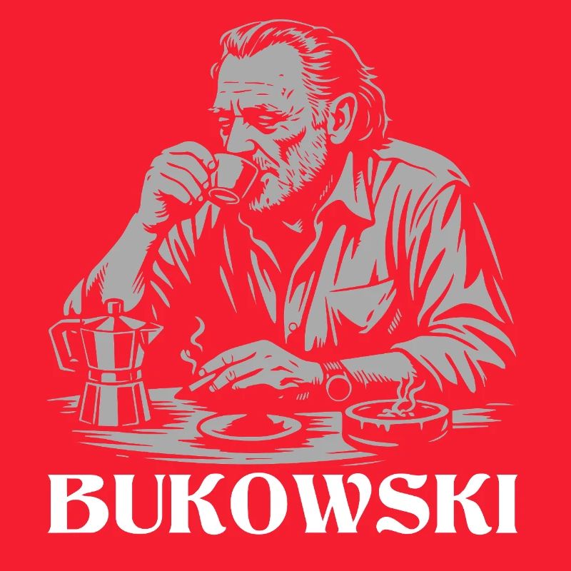 Charles Bukowski drinking coffee at the cafe