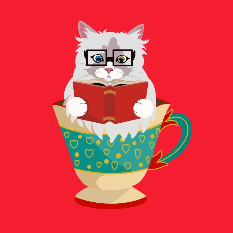 Niedliche Ragdoll-Katze, die ein Buch in einer Kaffeetasse liest