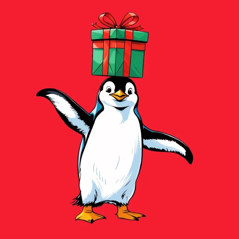 Pinguin mit Geschenk auf Kopf