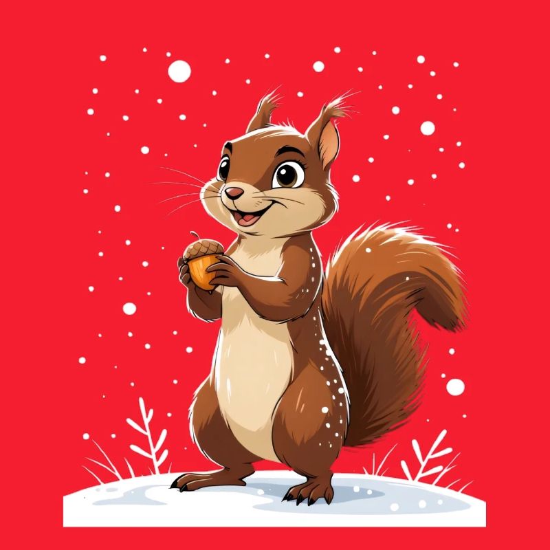 Winterliches Eichhörnchen mit Eichel