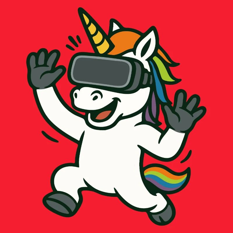 VR-Einhorn-Maskottchen mit Regenbogendetails