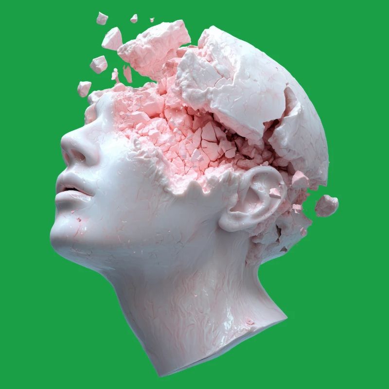 Decaying head, inner thoughts as debris