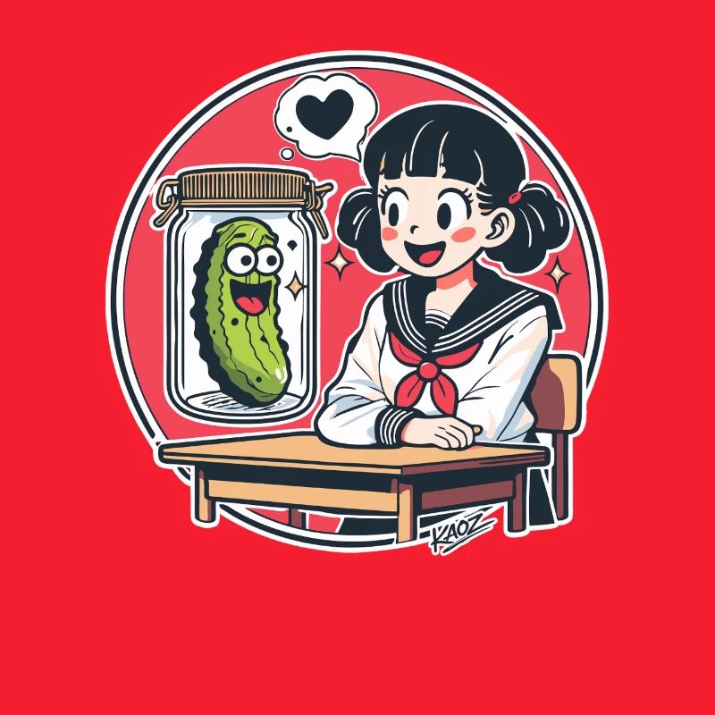 Cornichon Kawaii dans un bocal et écolière à l’école