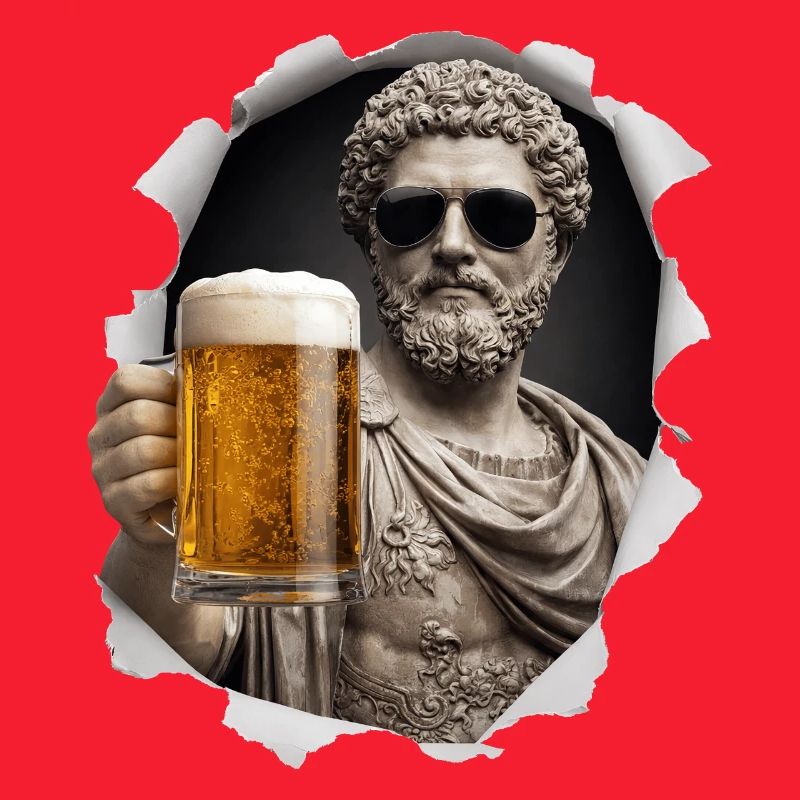 Marcus Aurelius with sunglasses and beer