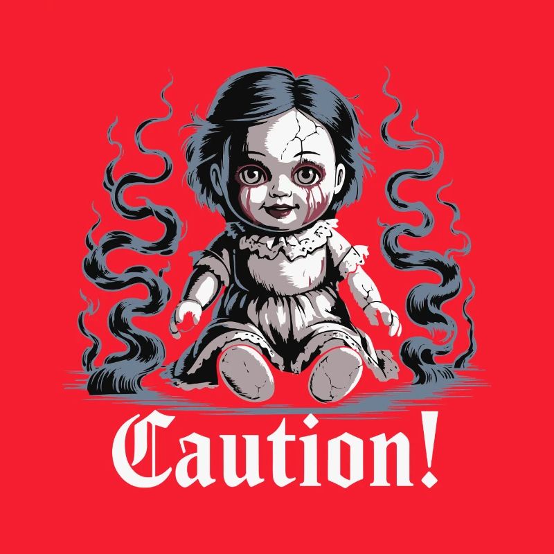 Creepy Doll with Caution Text
