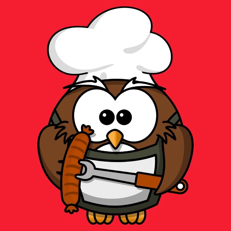 Eule am Grill mit Essen Comic Stil