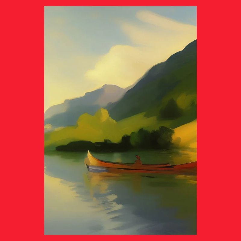 Landschaft mit See, Boot und Berge