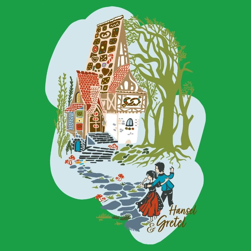 Hansel et Gretel devant la maison de la sorcière