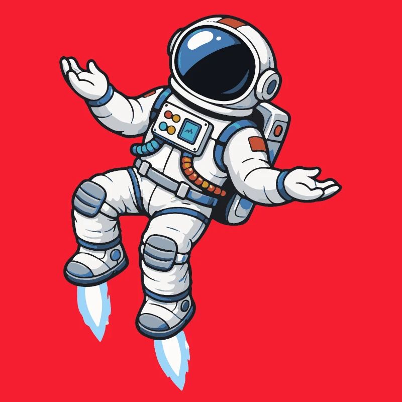 Schwebender Comic Astronaut mit Raketenantrieb