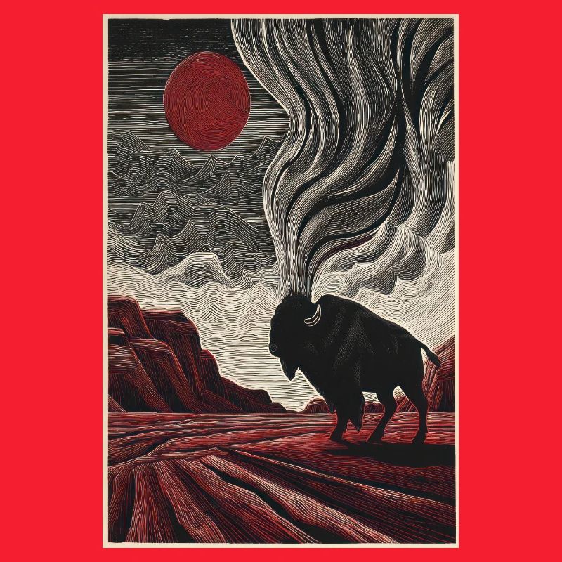 Bison Under Crimson Sun in Etched Landscape