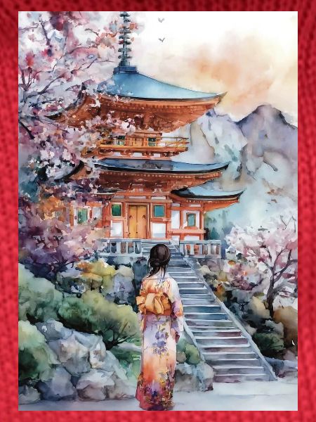 Kimono-Pagode und Kirschbäume