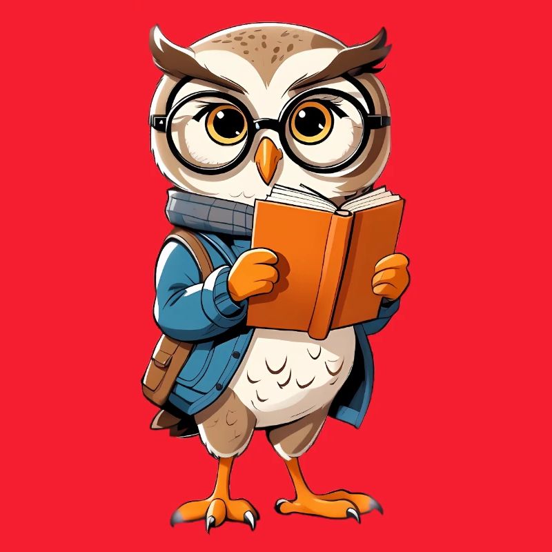 Lernende Eule mit Brille liest Buch
