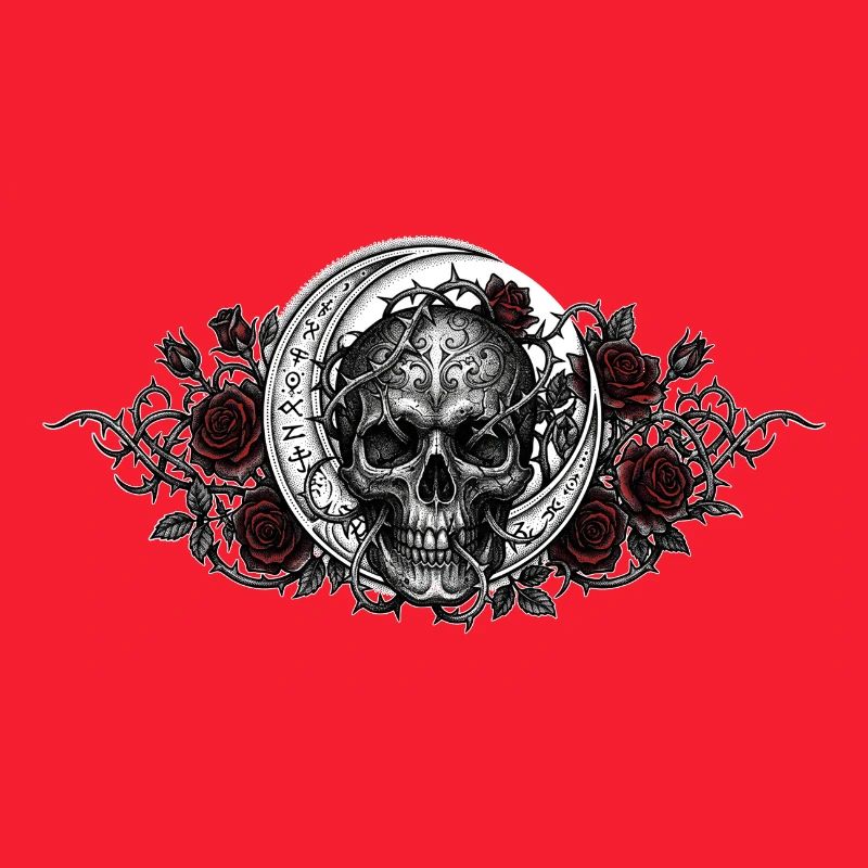 Gothic skull / skull, Moon, Red roses