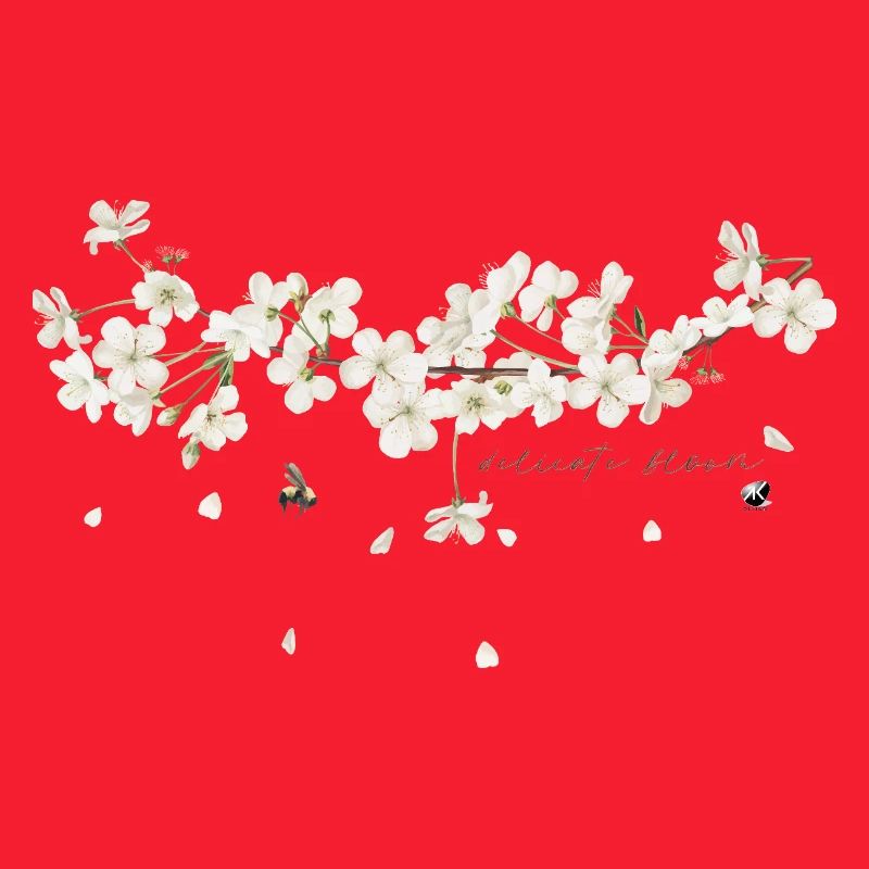 Cherry tree branch with white flowers illustration