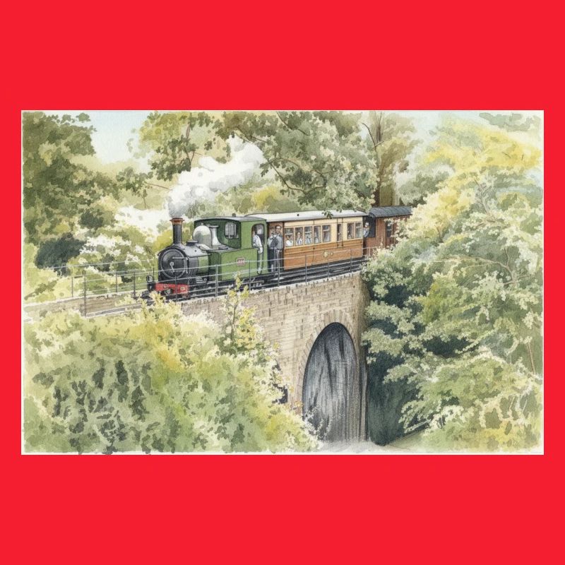 Aquarell-Dampfeisenbahn-Viadukt