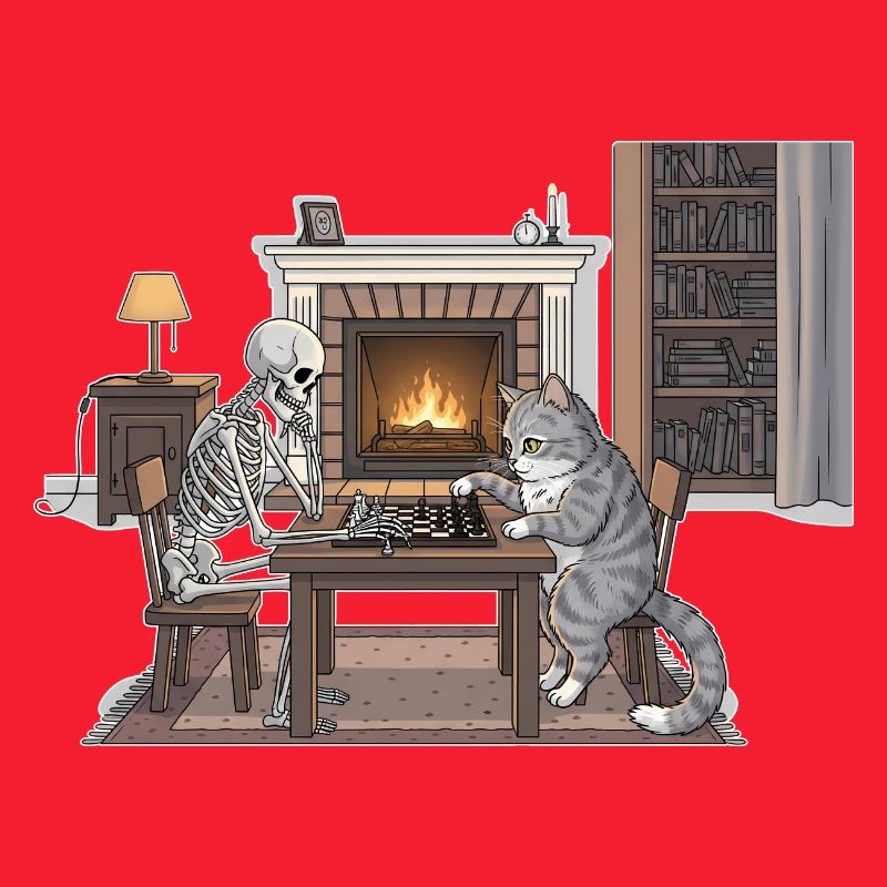 Salle de cheminée confortable avec échecs et chat