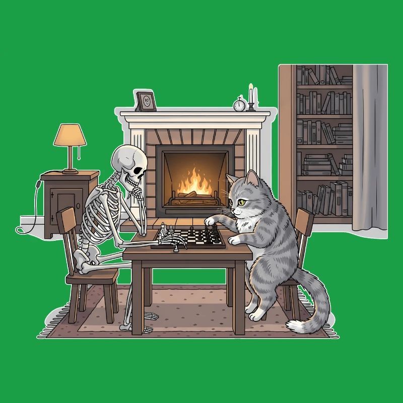 Salle de cheminée confortable avec échecs et chat