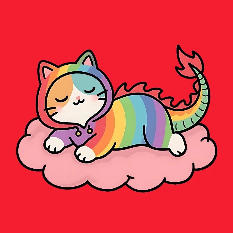 Relaxed rainbow dragon cat on cloud