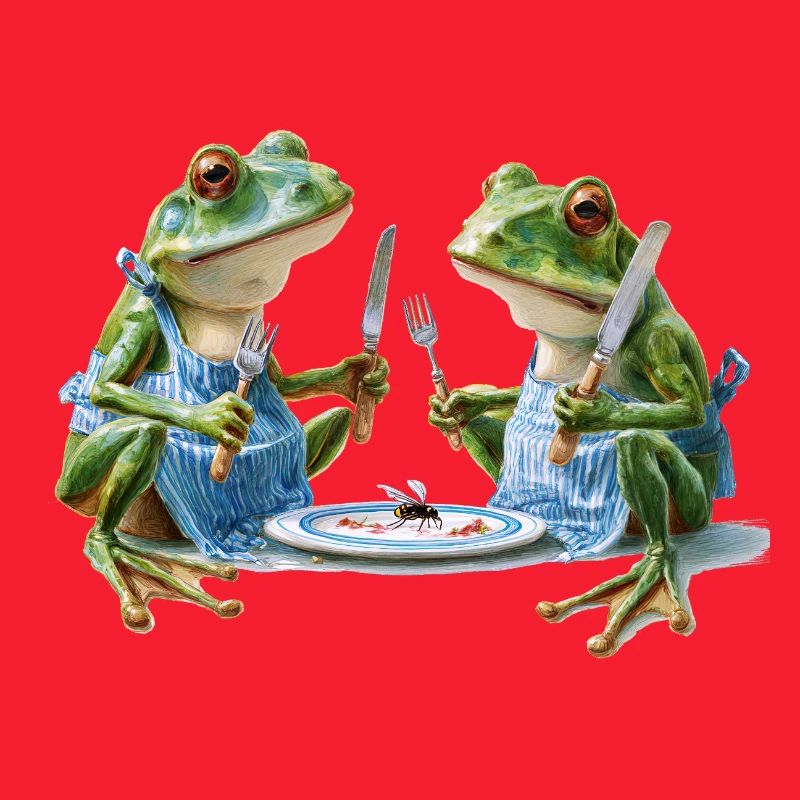 Two frog cooks at dinner