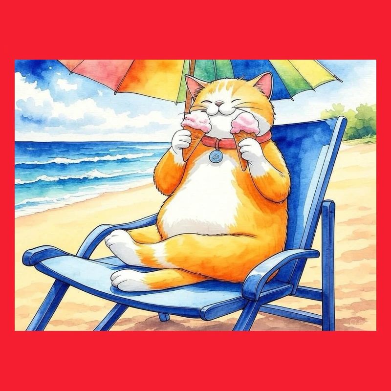 Katze am Strand mit Eiscreme
