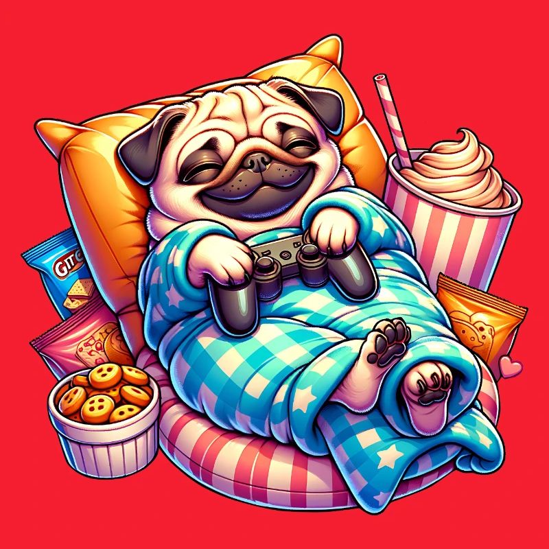 Relaxed Gaming Pug with Snacks