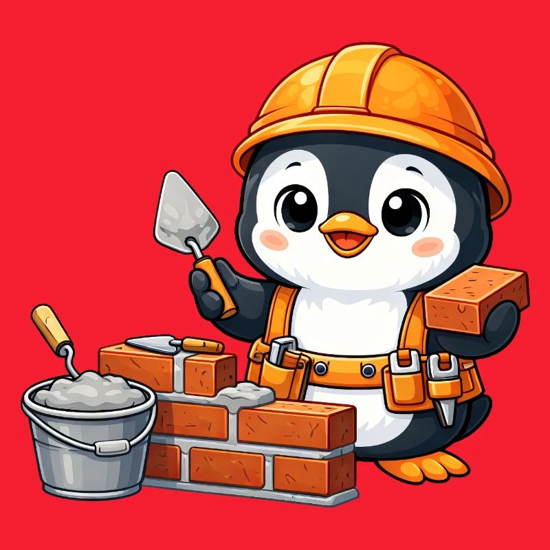 Cute Penguin Mason Construction Worker Construction Site Handwer