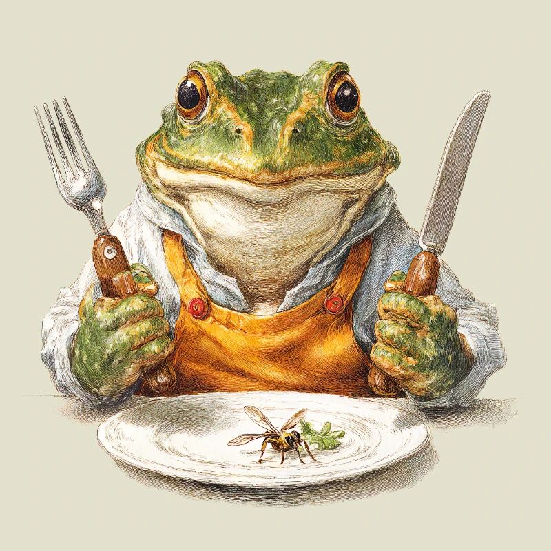 Frog chef with fork and knife