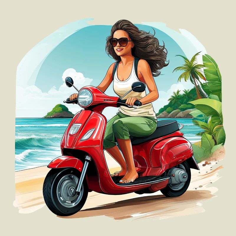 Frau mit rotem Roller am Strand