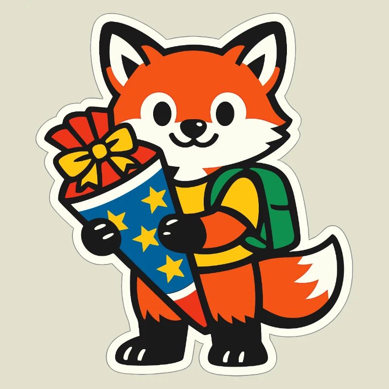 Fuchs mit Geschenk und Rucksack Einschulung